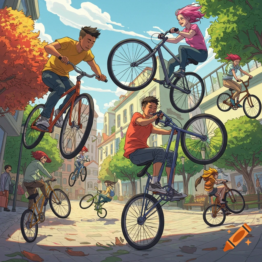 Illustrative scene of people riding bikes and doing wheelies in a town street.