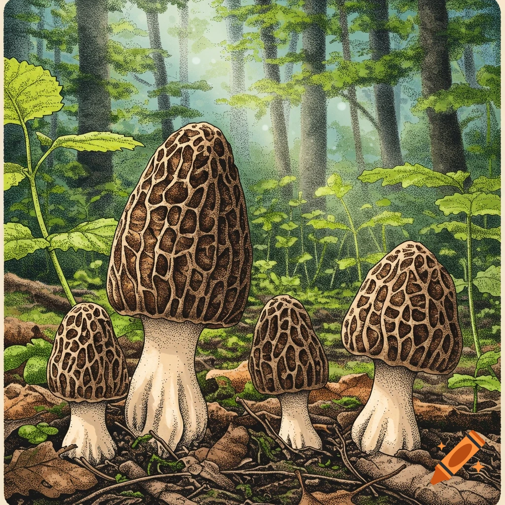 A dotwork illustration of several morel mushrooms on the forest floor.
