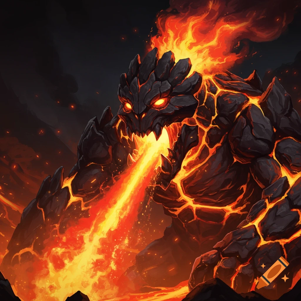 A fantasy digital illustration of a volcano monster breathing fire.