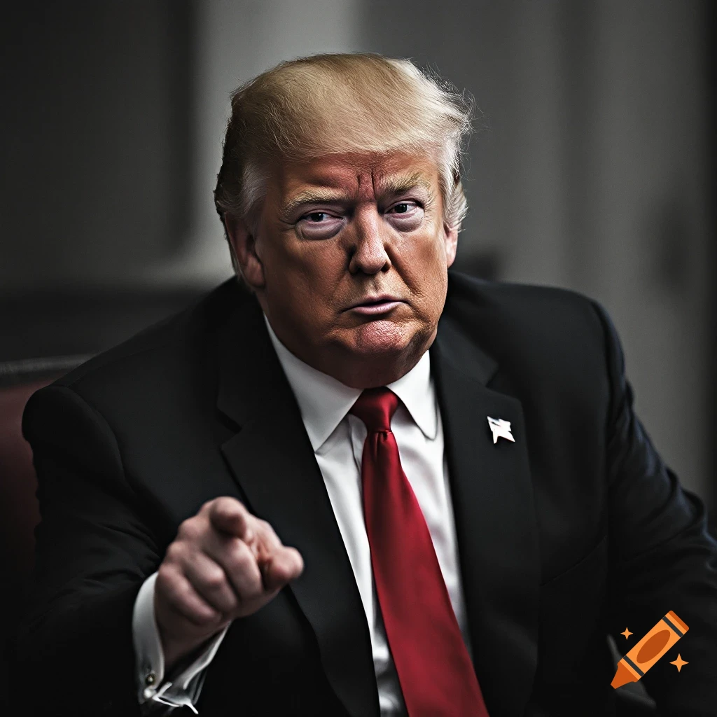 Photorealistic portrait of Donald Trump pointing.
