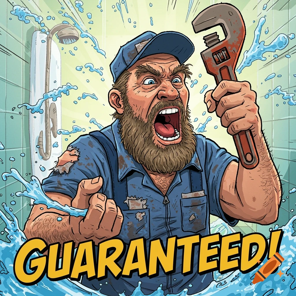 Angry cartoon plumber yells, holding a wrench, with water splashing. Text reads 'GUARANTEED!'