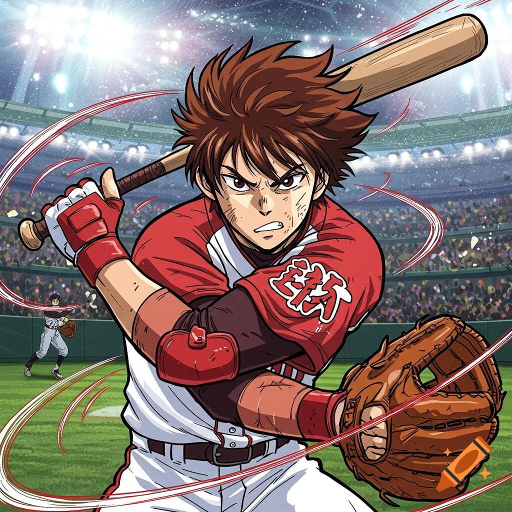 Manga style illustration of a baseball player batting in a stadium.