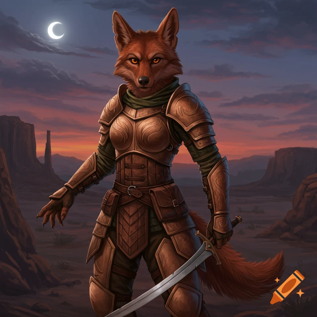 Anthropomorphic coyote soldier in detailed armor stands in a desert at dusk with a sword.