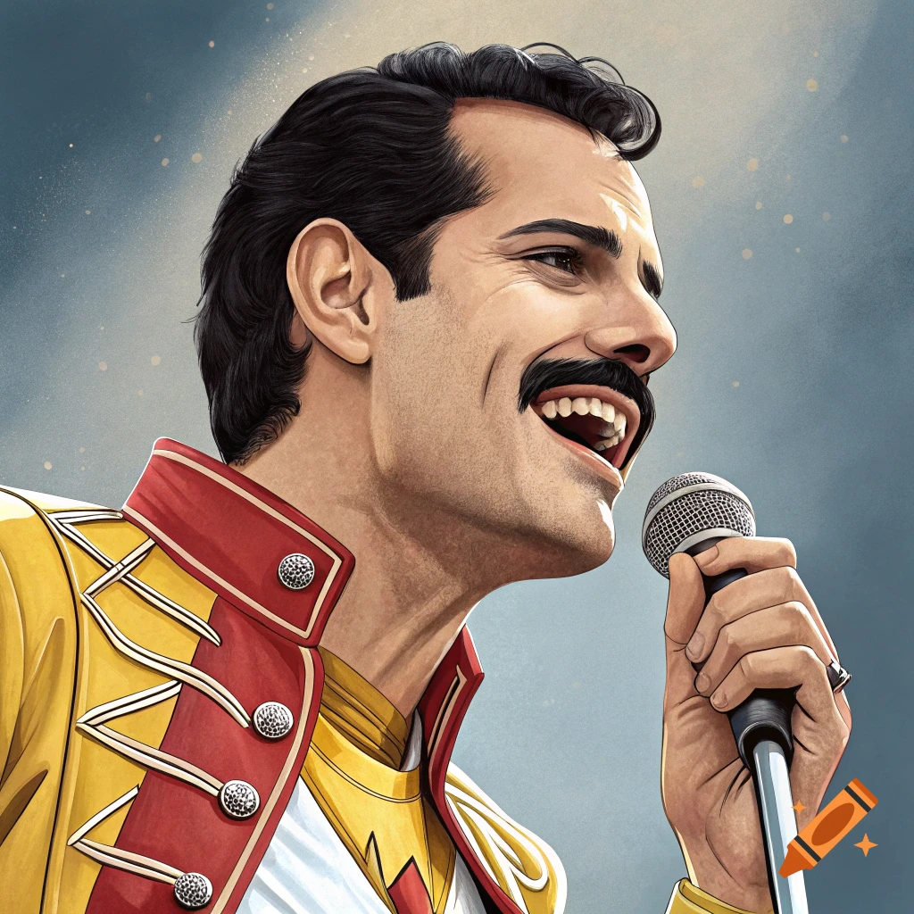 Illustrative portrait of Freddie Mercury singing into a microphone, wearing his yellow and red jacket.