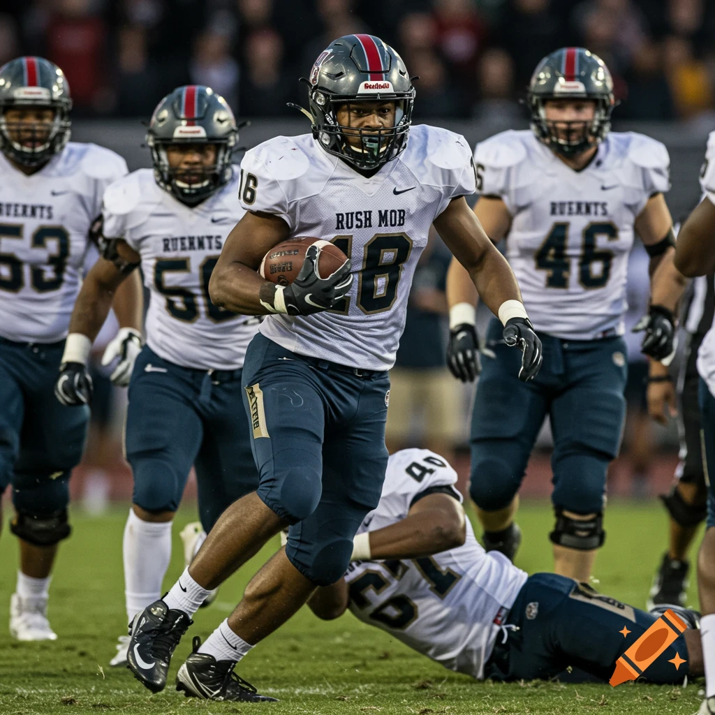 American football player in a white jersey with 'RUSH MOB' runs with the ball while being tackled, surrounded by other players.