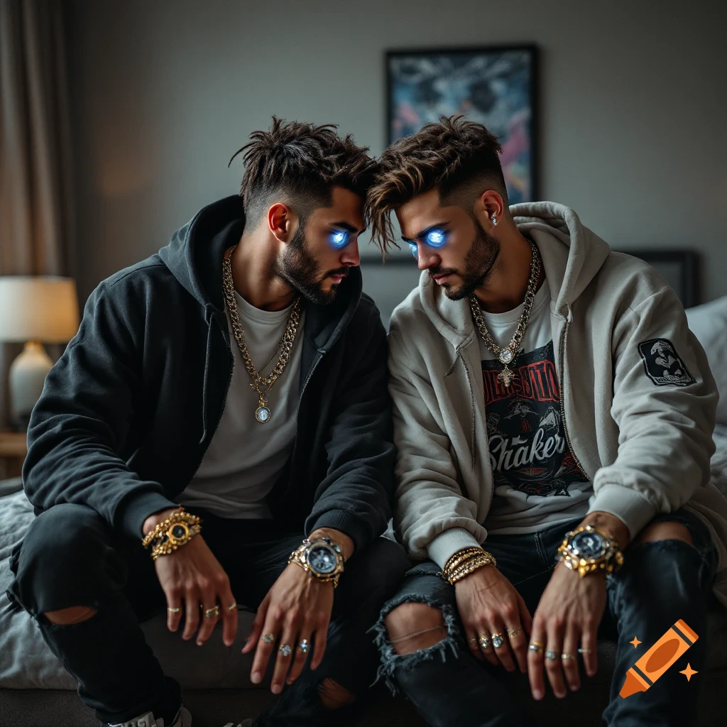 Two men with glowing eyes sit on a bed, wearing streetwear including hoodies, layered chains, and ripped jeans.