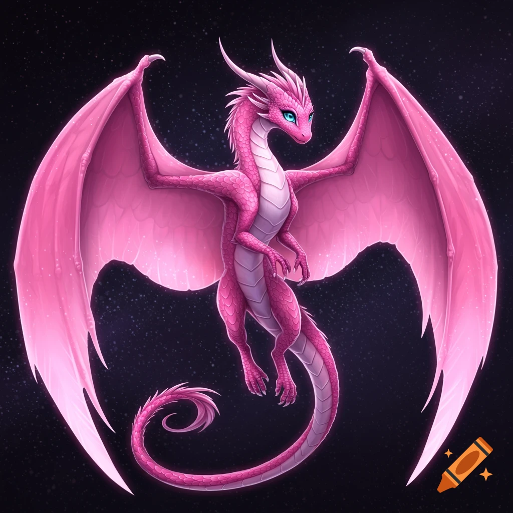 A pink dragon with large wings and bright blue eyes hovers against a dark, starry background.