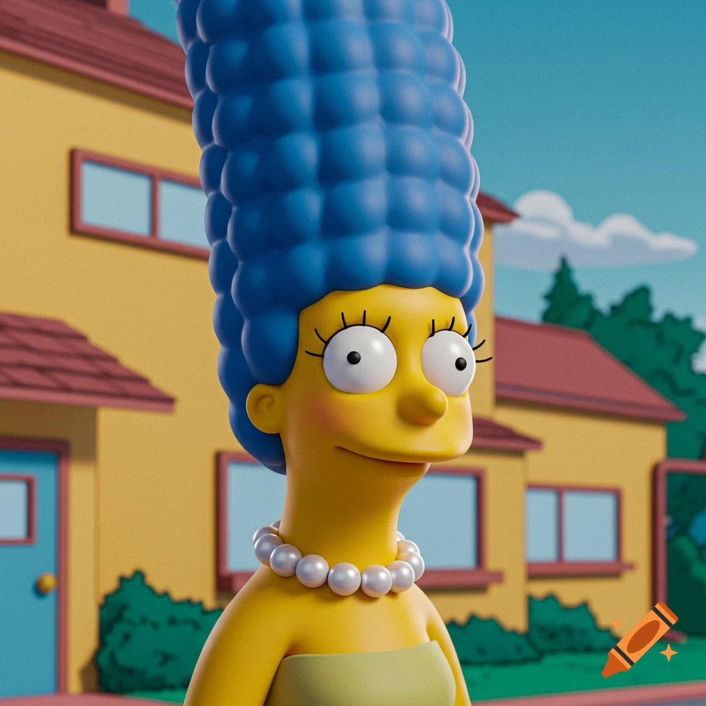 3D rendered Marge Simpson character standing outside a yellow house.
