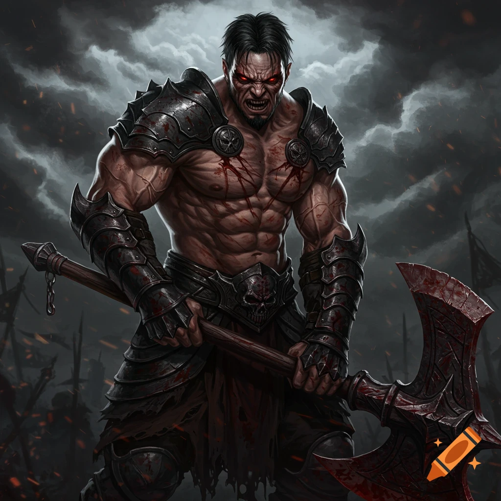 Muscular evil fantasy warrior with red eyes and blood-stained armor holds a large bloody axe under a stormy sky.