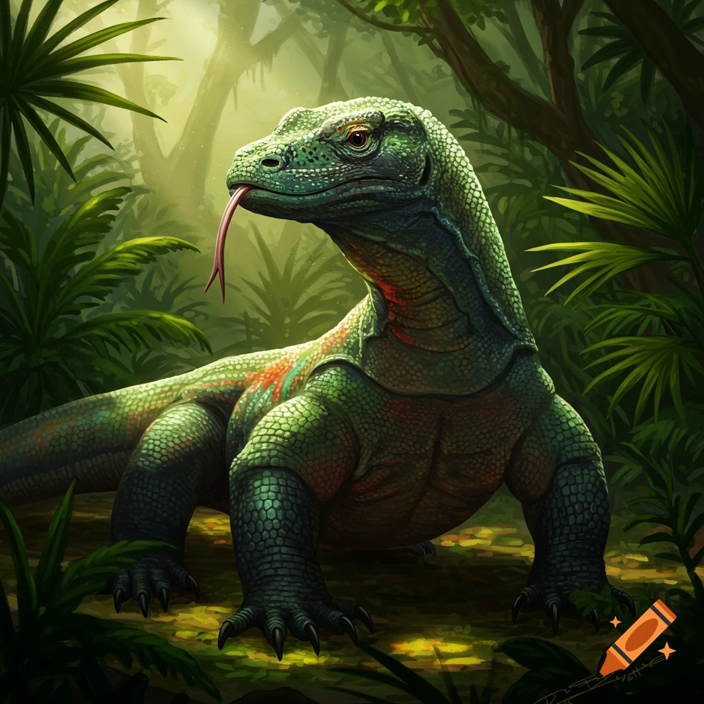 A large green Komodo dragon with its tongue out in a jungle.