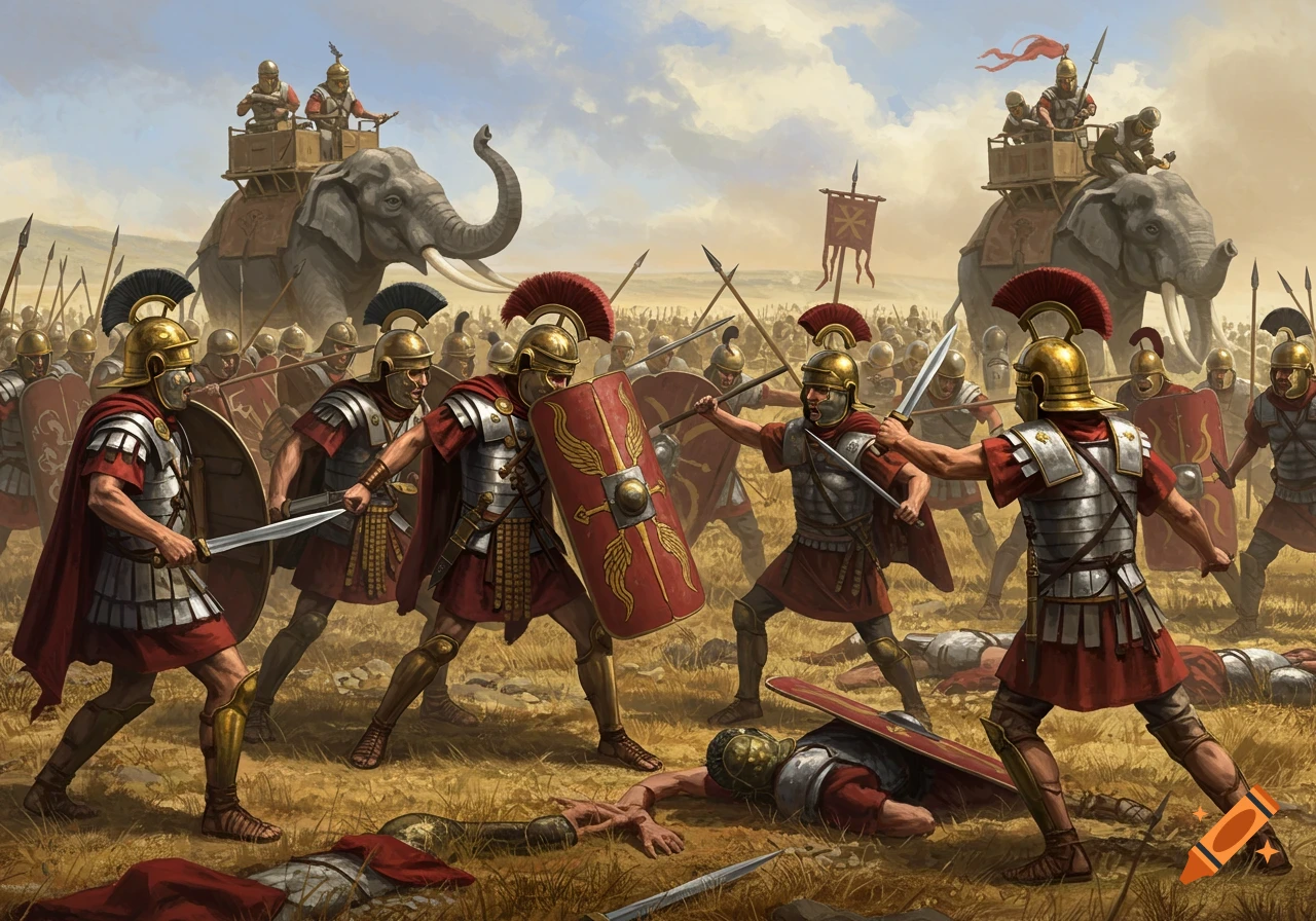 Roman soldiers battle in a field with war elephants in the background.