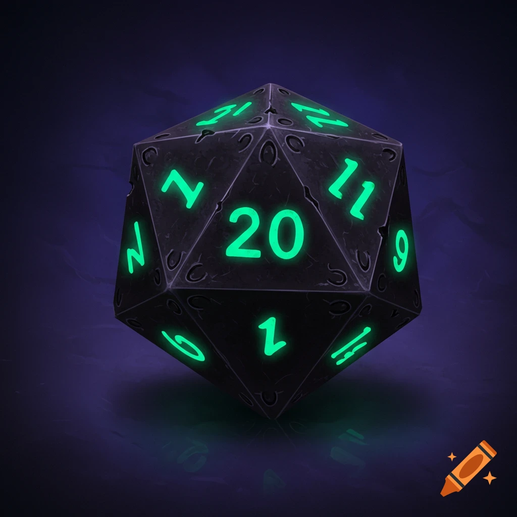 A black metal 20-sided die (d20) with glowing green numbers on a dark background.