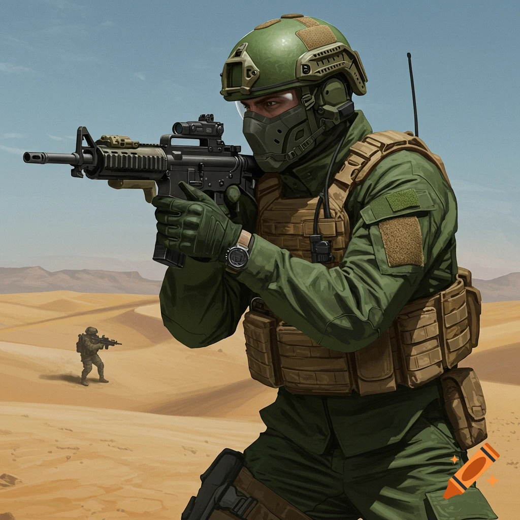 A soldier in tactical gear aims a rifle in a desert, with another soldier in the background.