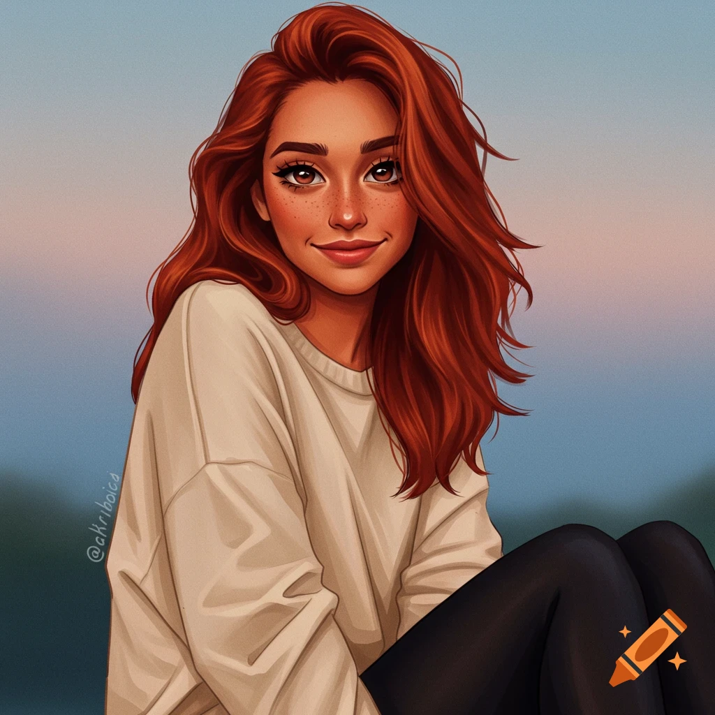 Digital illustration of a young woman with red hair and freckles wearing a white sweater, smiling outdoors.