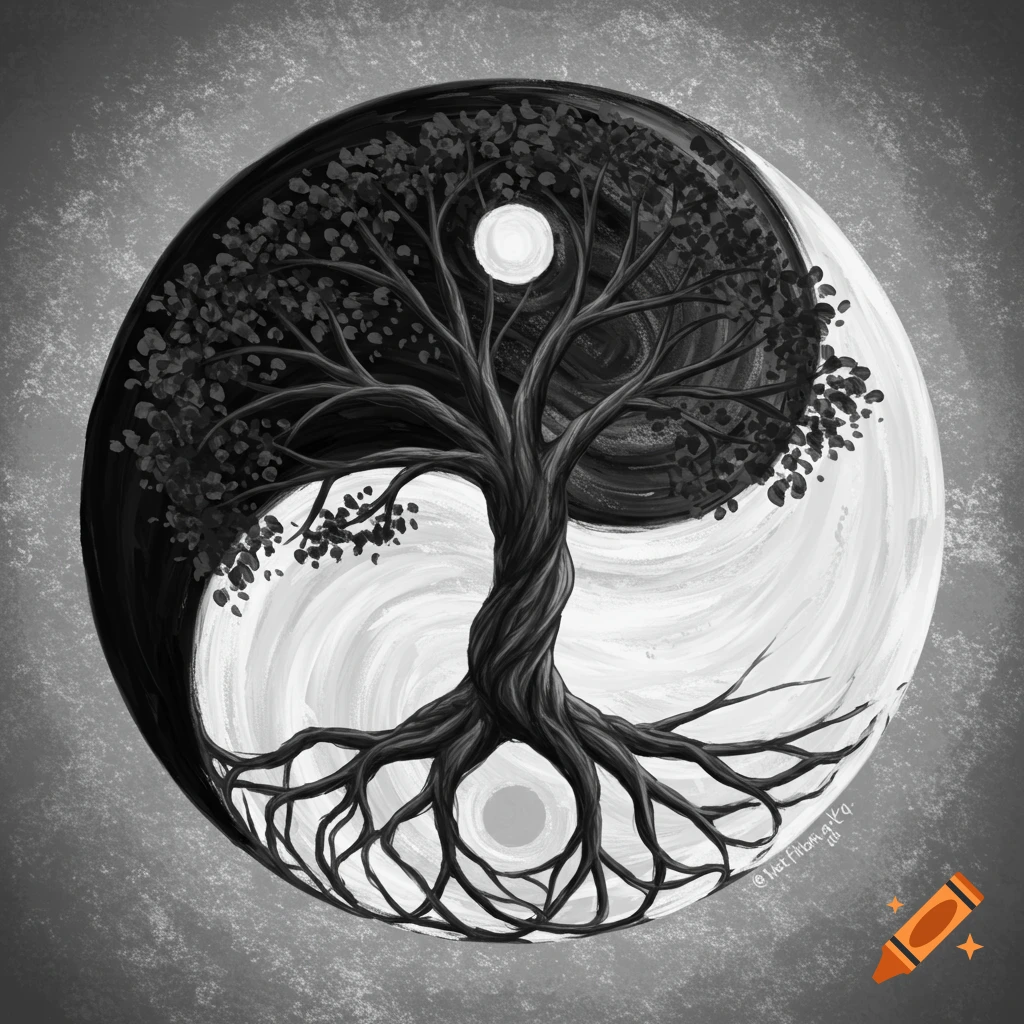 Black and white illustration of a Tree of Life within a Yin Yang symbol.
