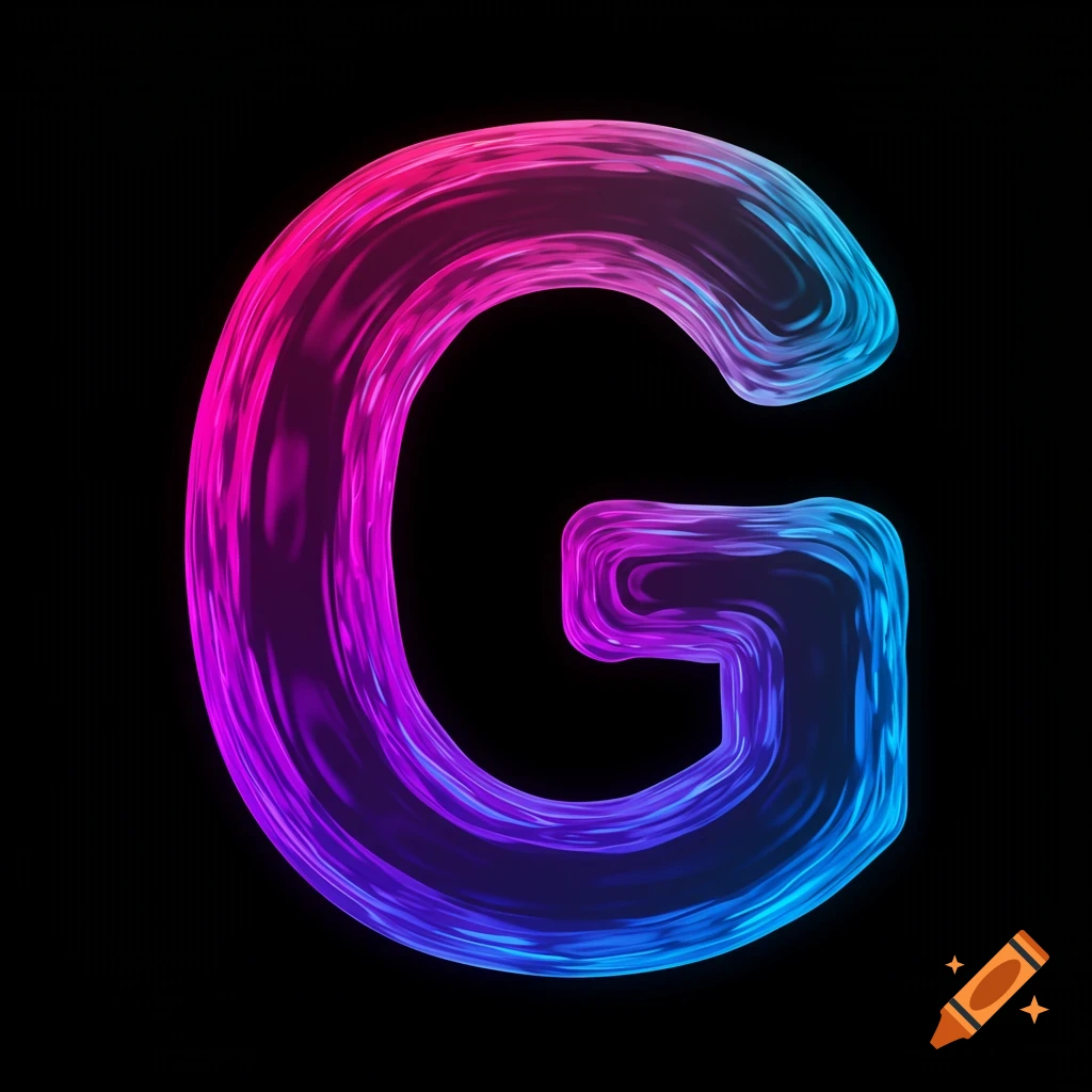 A stylized letter G glows with pink and blue liquid texture on a black background.