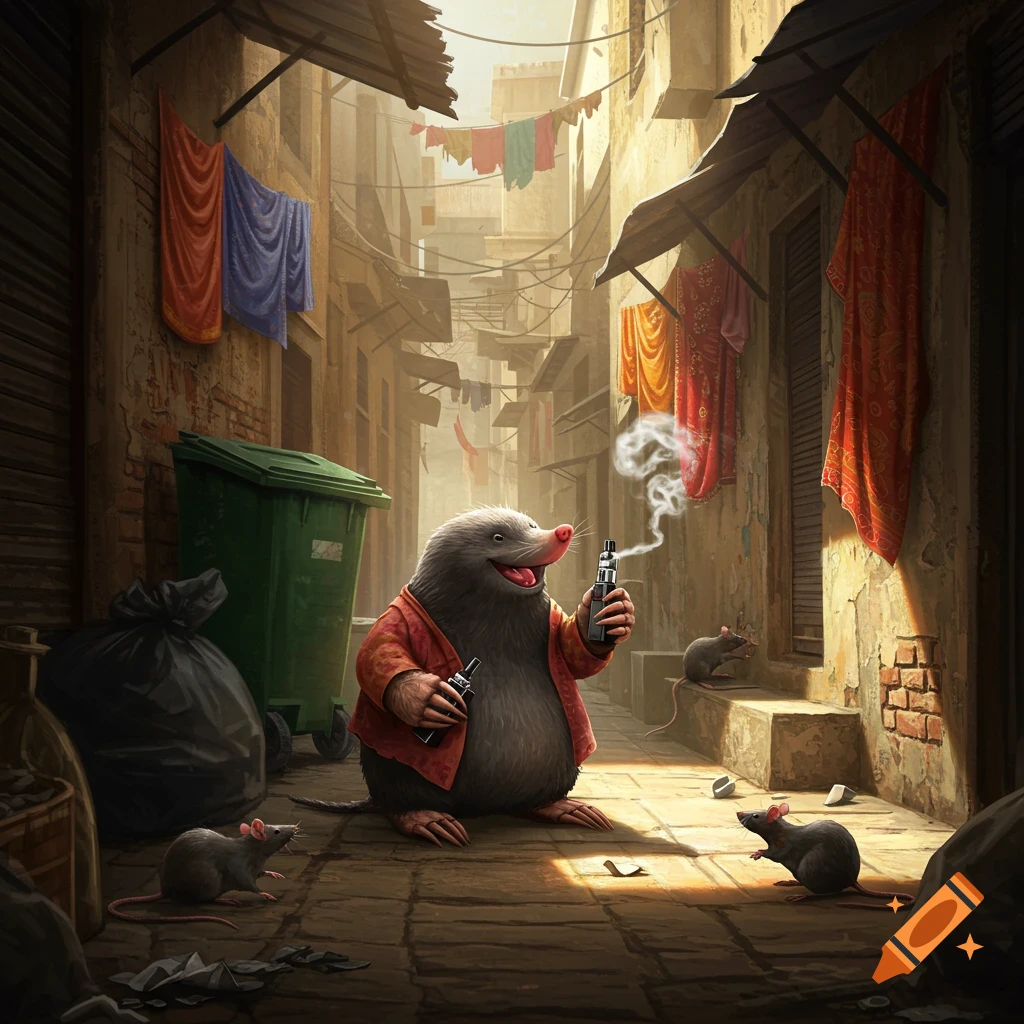 A mole in a red jacket vapes in a dirty backstreet with rats.