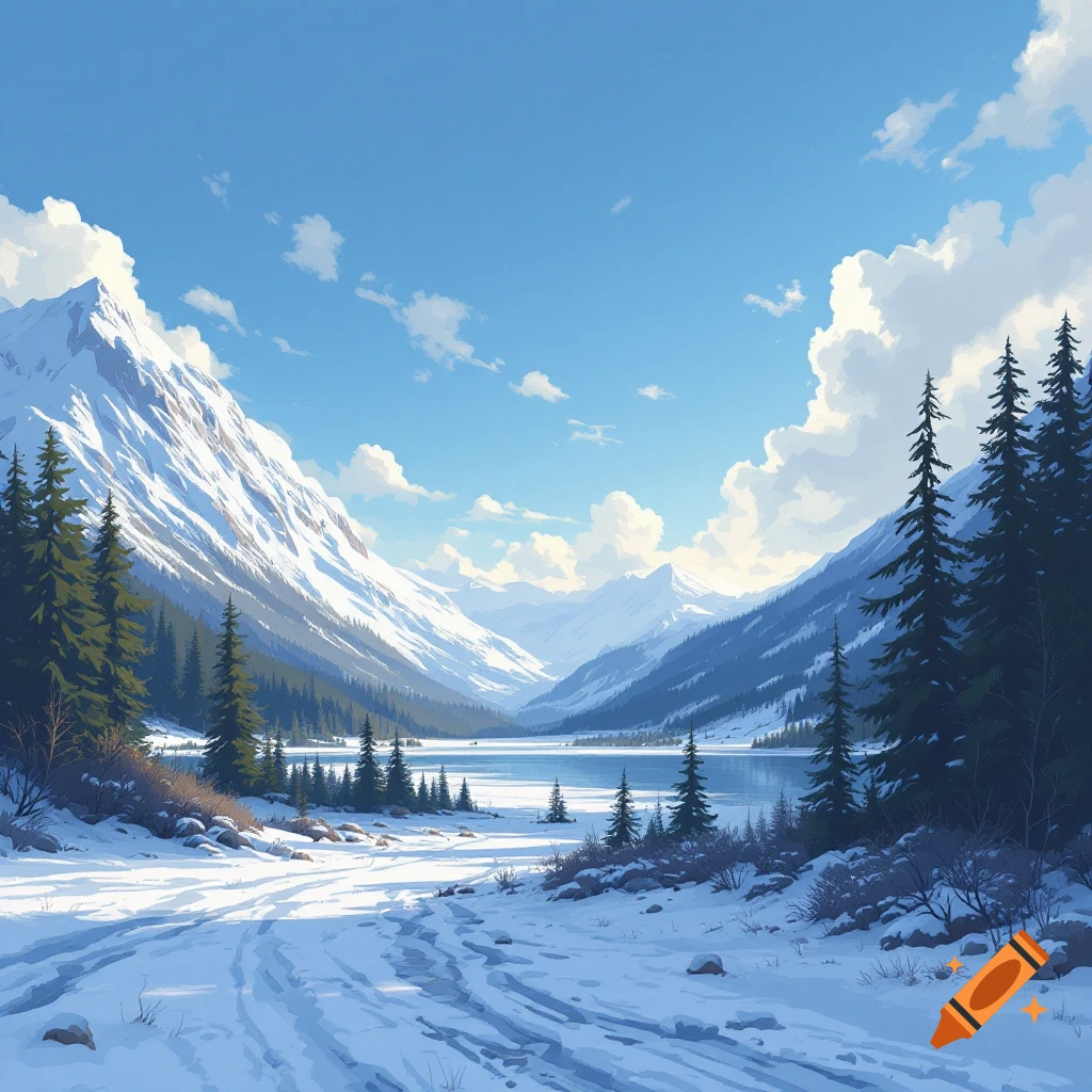 Illustrative winter landscape with snowy mountains, a frozen lake, evergreen trees, and a path in the snow.
