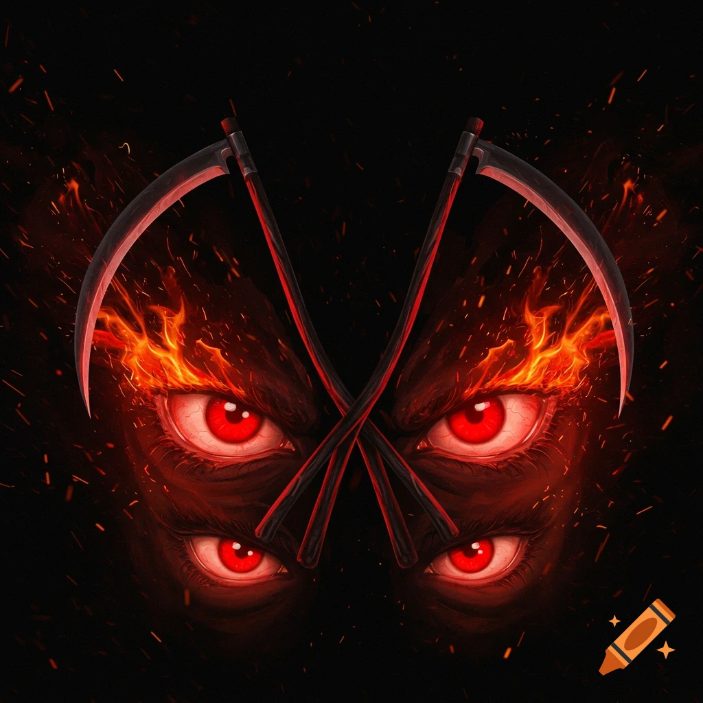 Four glowing red eyes surrounded by fire and sparks, with two crossing scythes above.