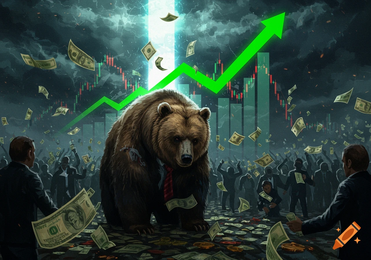 A bear in a suit stands before a stock chart with a green upward arrow, surrounded by falling money and cheering people.