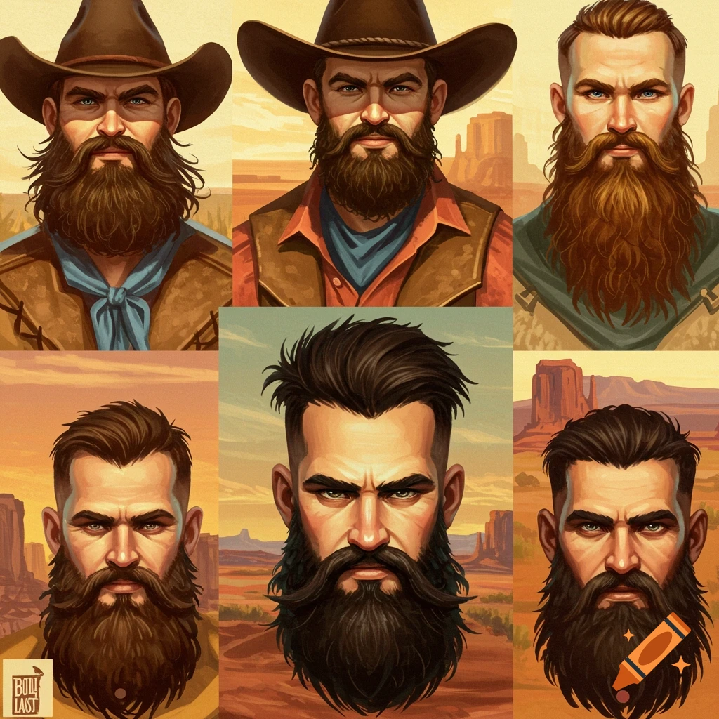 Grid of portraits showing men with various beards and styles, including cowboys with hats, against a desert landscape.
