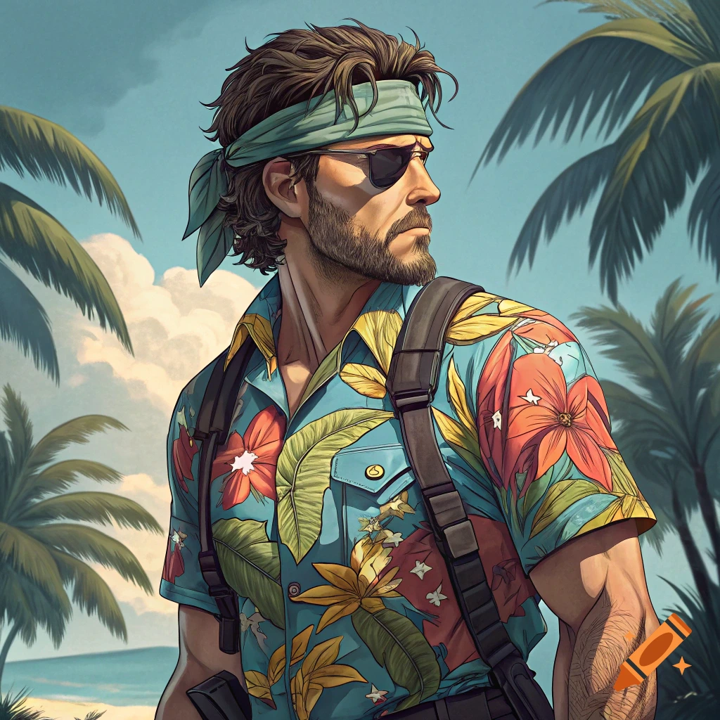 Stylized illustration of a man in a Hawaiian shirt, bandana, and sunglasses on a tropical beach.