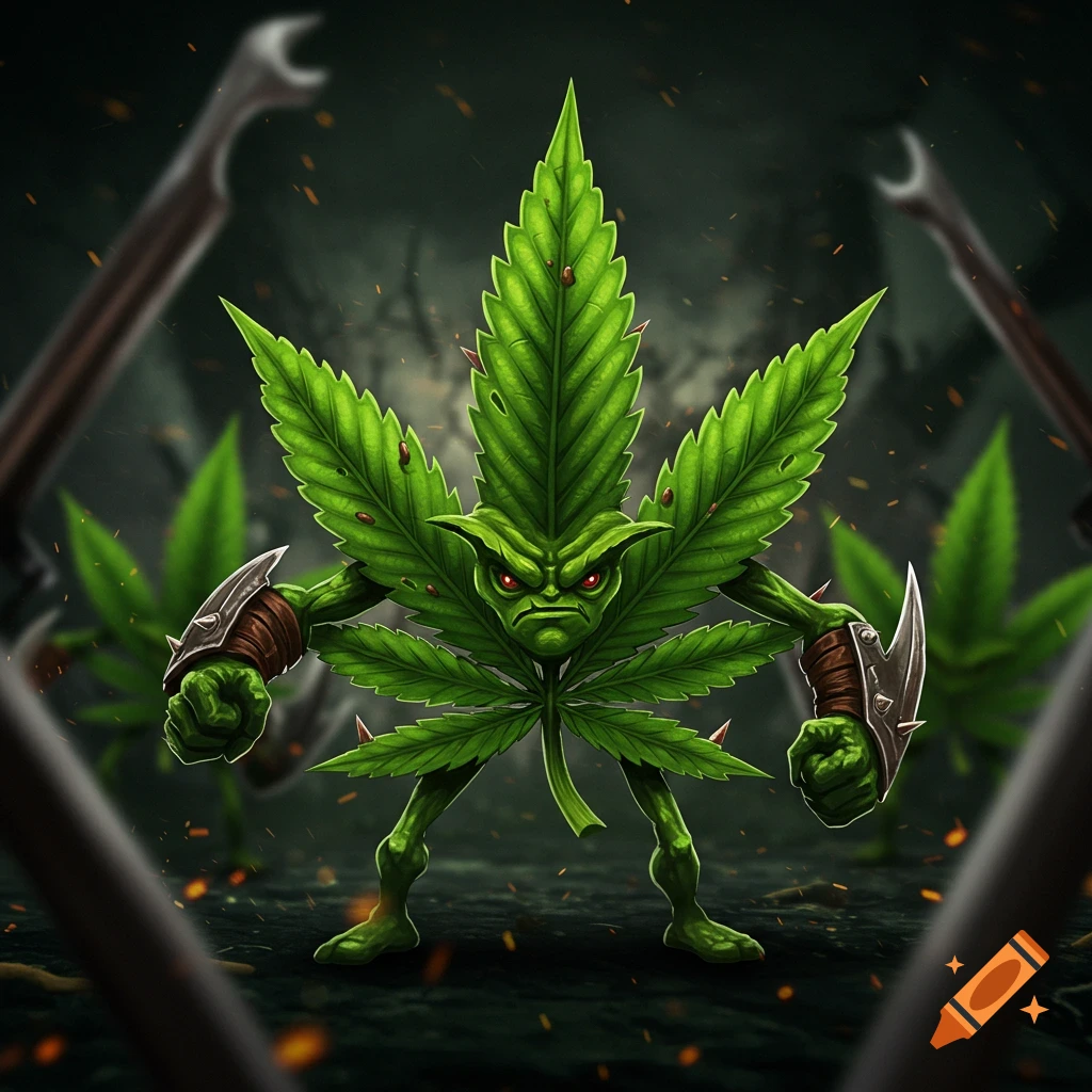 A fierce-looking cartoon marijuana leaf creature with red eyes, arms, legs, and wrist blades stands ready for battle