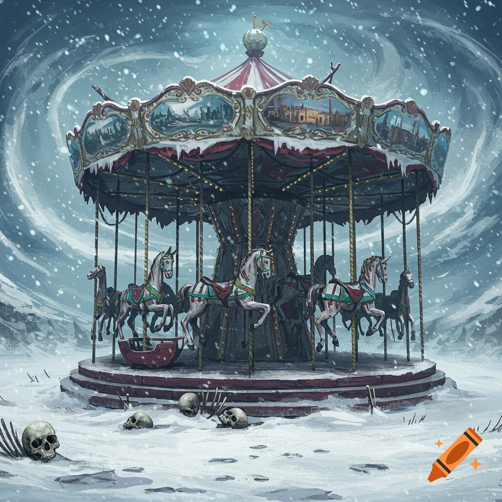 A dark illustration of a carousel in a snowstorm, surrounded by scattered skulls and bones.