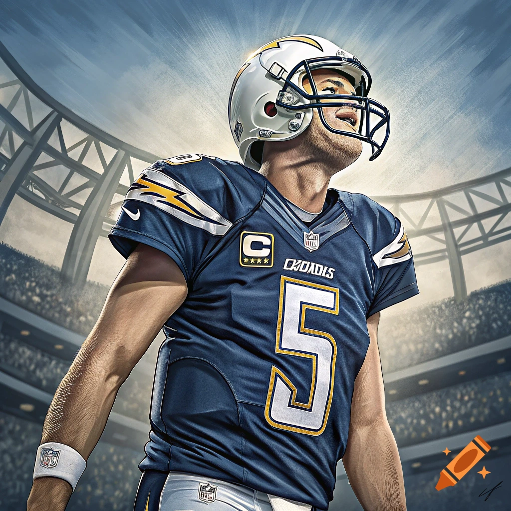Stylized illustration of a football player in a blue uniform with number 5 in a stadium.
