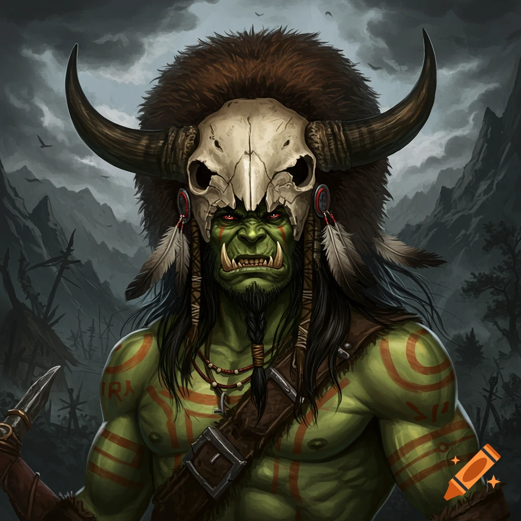 A detailed portrait illustration of a green-skinned orc warrior wearing a skull headdress, with long hair and tribal markings.
