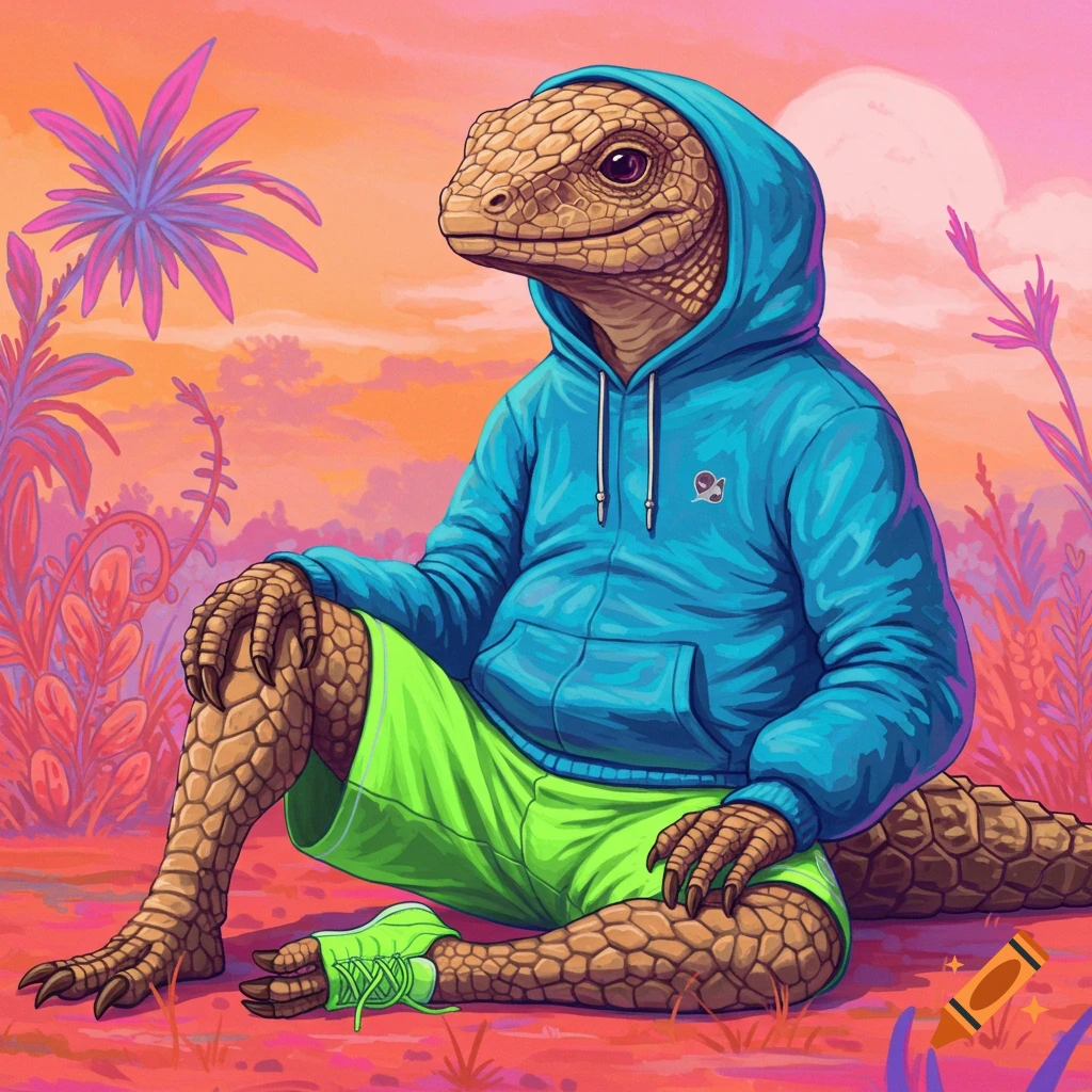 Humanoid lizard in blue hoodie and green shorts sits in a colorful landscape.