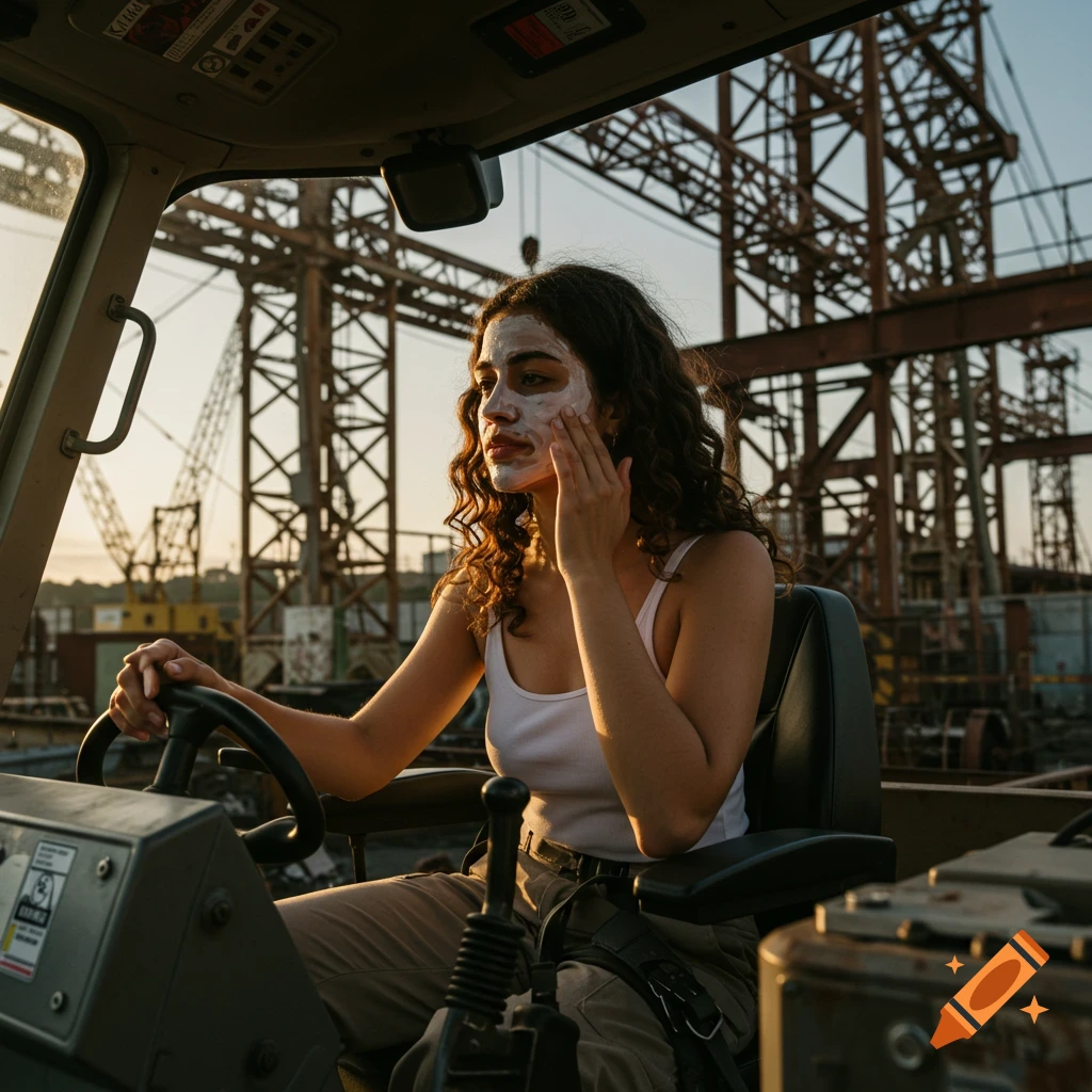 A woman applies a face mask while sitting in the driver's seat of heavy industrial machinery with cranes in the background.