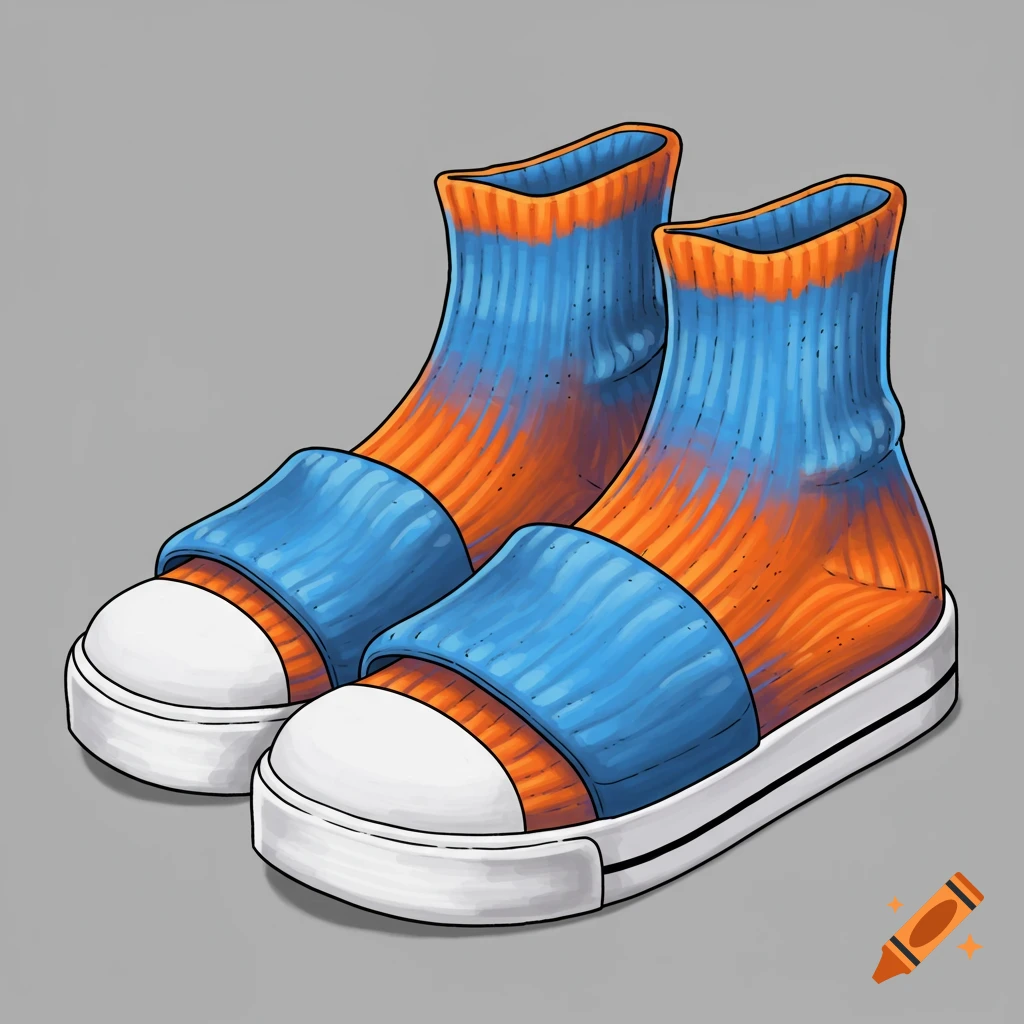 An illustration of high top shoes with sock-like tops and slide straps in blue and orange.