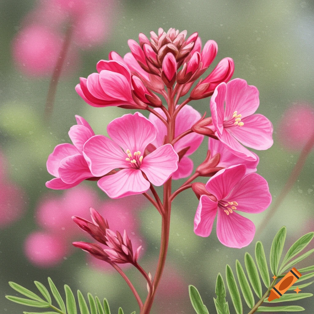 A close-up of a pink flower stalk with green leaves and a blurred background.