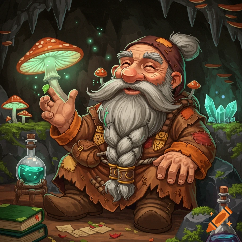 A smiling fantasy dwarf sits in a cave holding a glowing mushroom, surrounded by potions and plants.