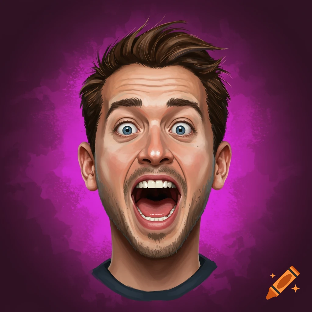 Illustrated portrait of a man with wide eyes and open mouth against a purple background.
