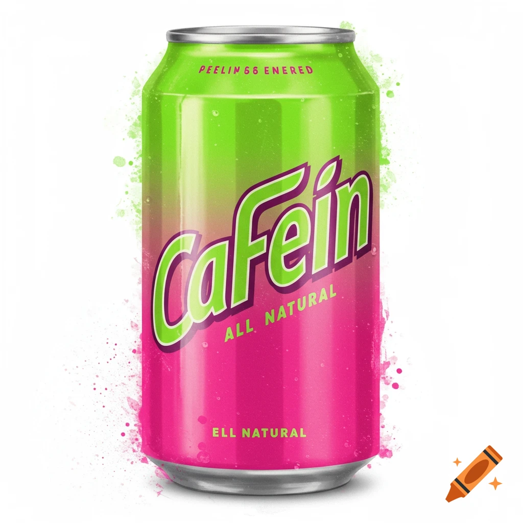 A green and pink soda can with text 'CaFEIN' and 'ALL NATURAL'.
