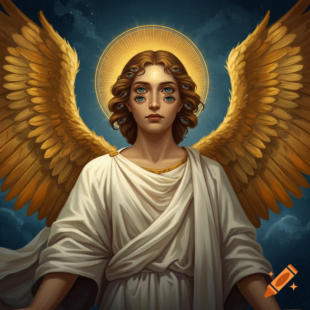 Illustration of a biblical angel with multiple eyes, golden wings, halo, and white robe.