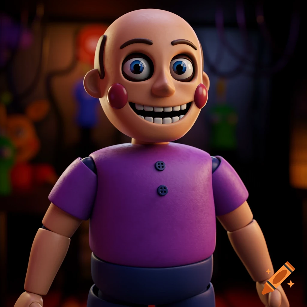 A 3D render of a bald animatronic figure with a large smile, red cheeks, a purple shirt, and dark pants.