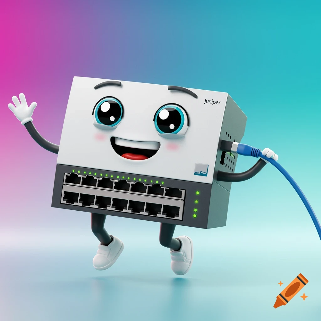 A cute cartoon mascot character of a Juniper network switch waves, holding an ethernet cable, against a gradient background. 3D render.
