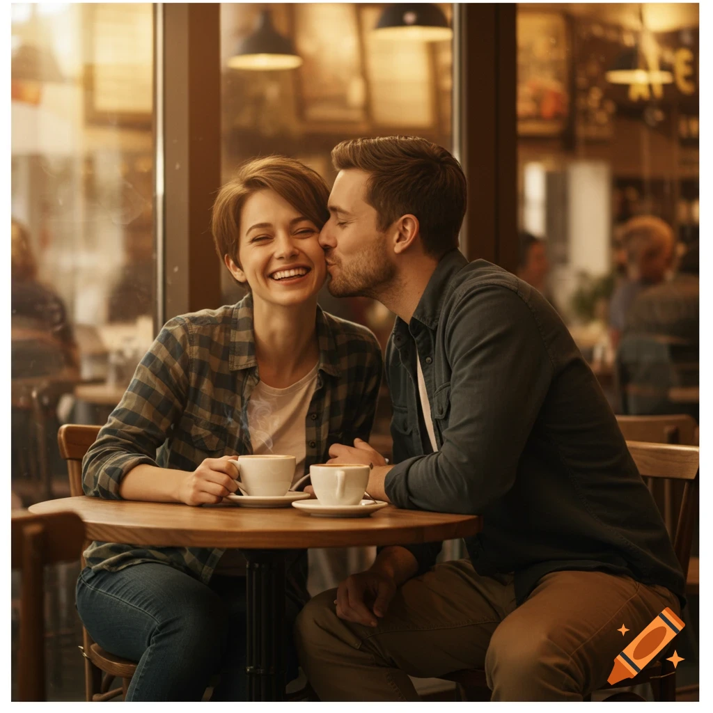 Photorealistic image of a couple in a coffee shop, man kissing woman on the cheek.