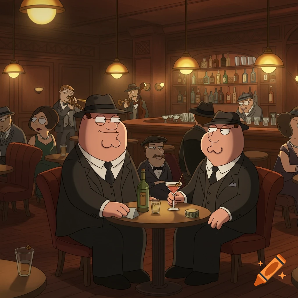 Peter Griffin and another character in a 1920s speakeasy with a band.