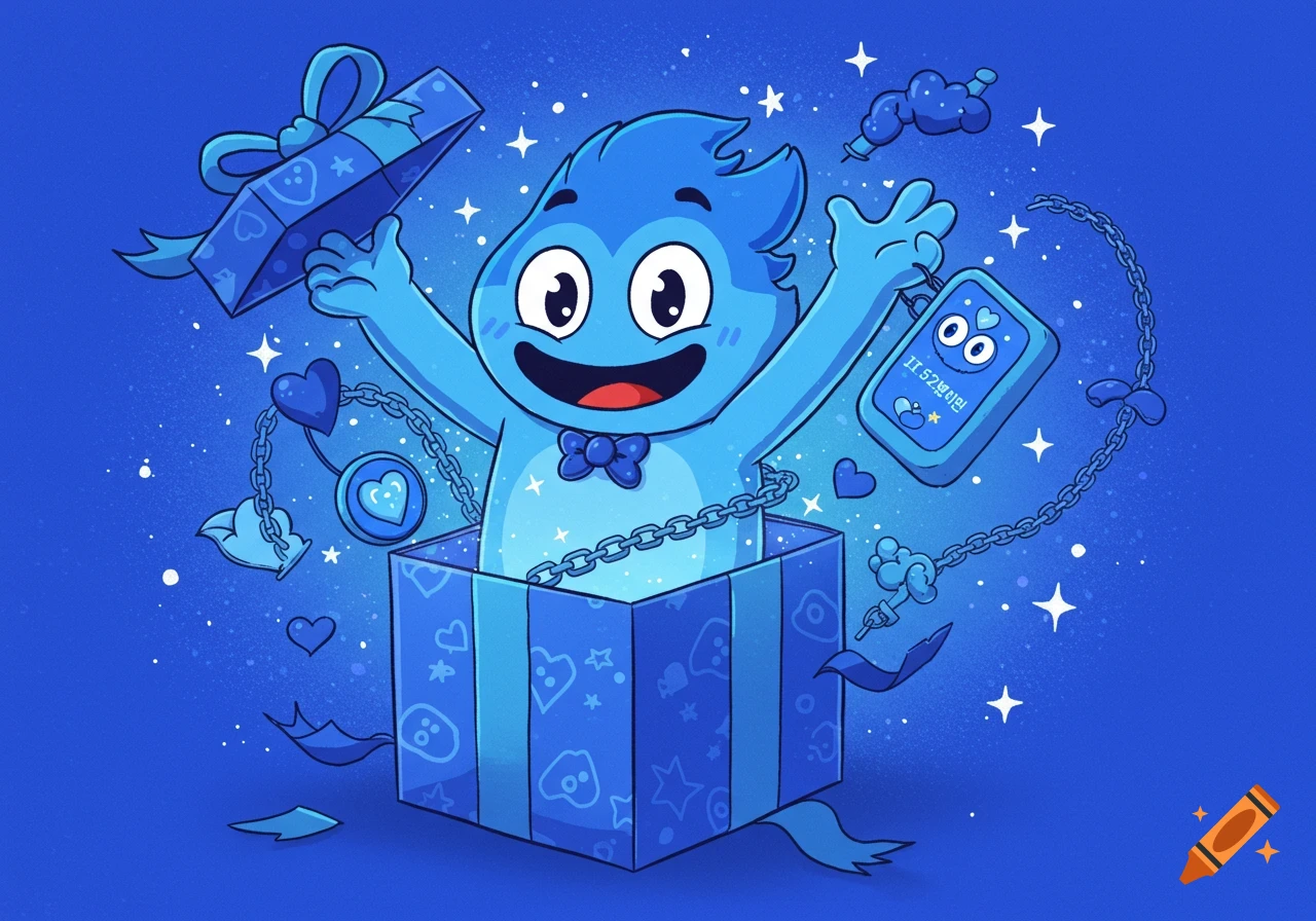 Blue cartoon character pops out of a gift box surrounded by hearts, chains, and stars in an illustration style.