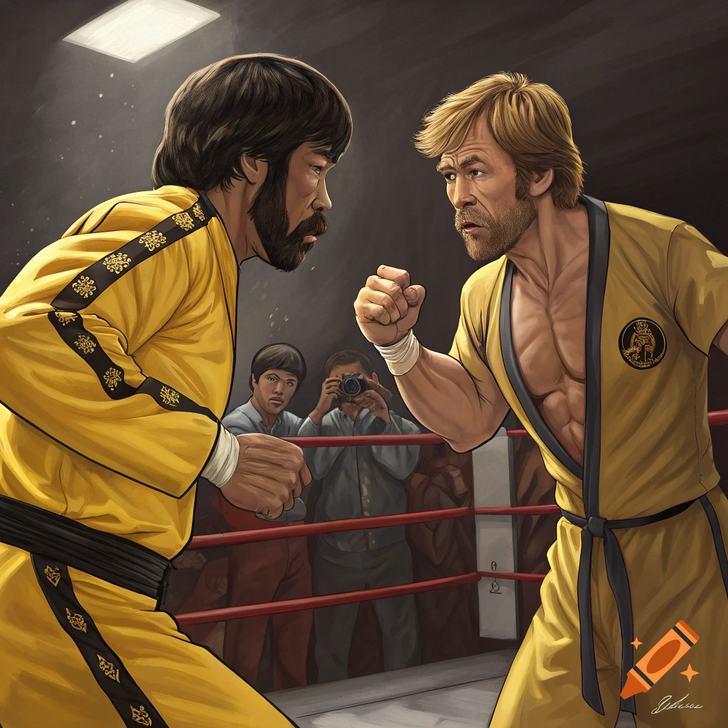 Illustration of two martial artists resembling Bruce Lee and Chuck Norris facing off in a boxing ring with spectators.