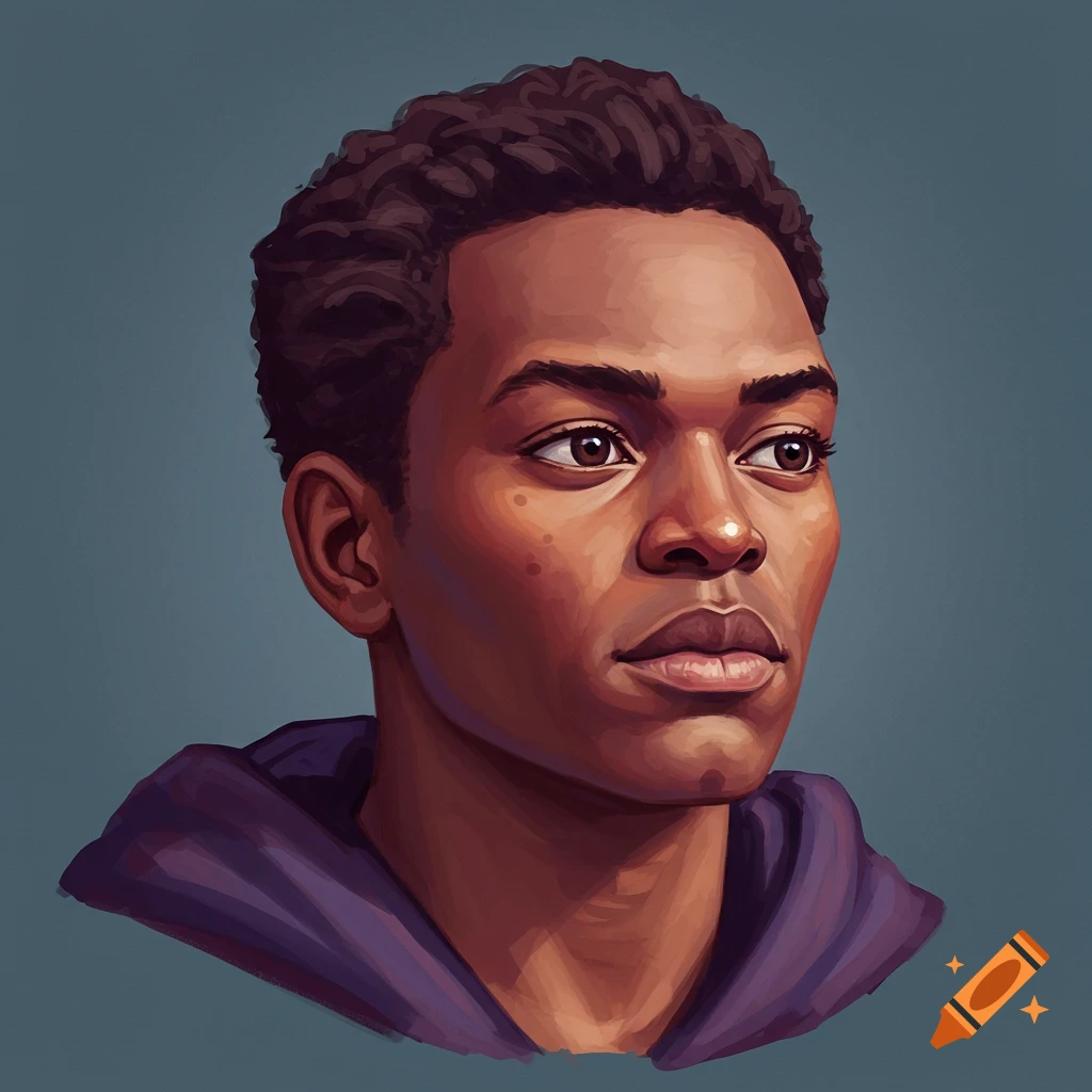 Illustrated portrait of a young Black person in a purple hoodie.