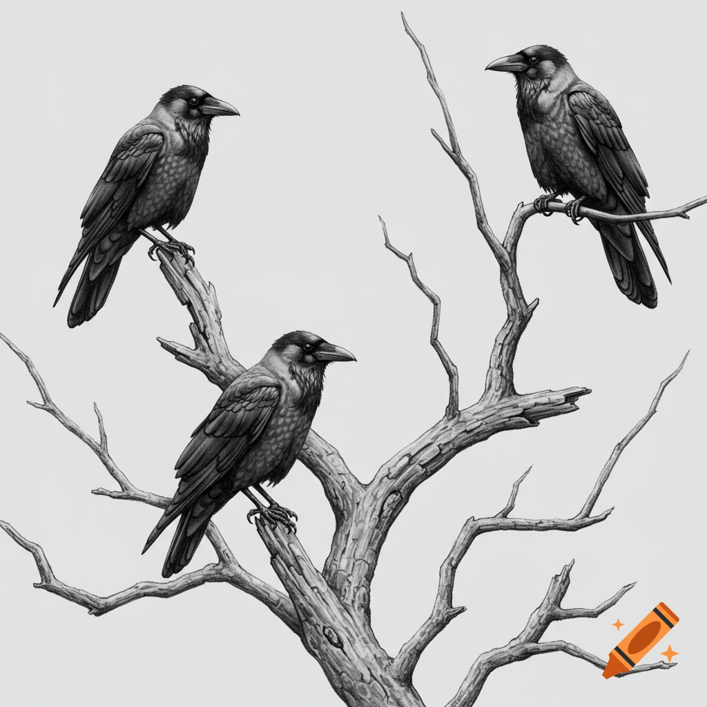 A greyscale drawing shows three crows perched on the bare branches of a tree.
