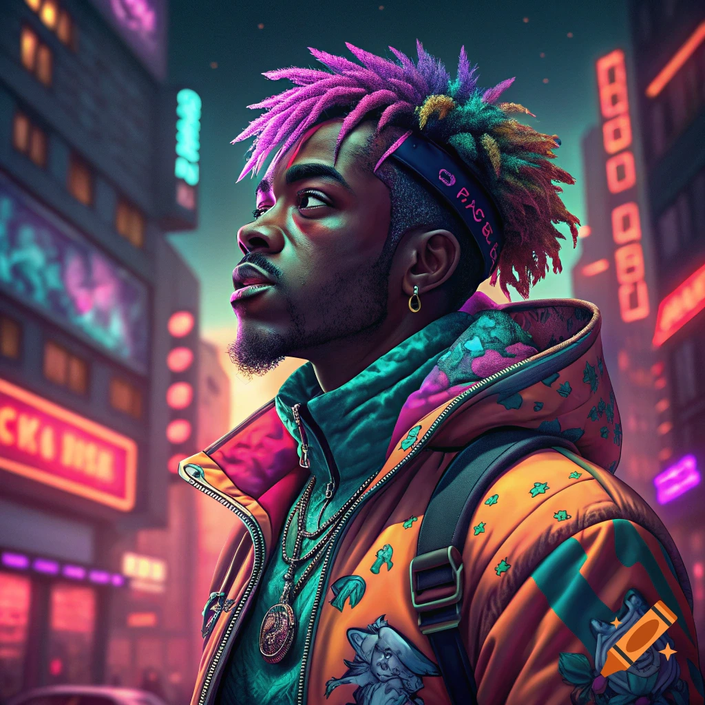 A man with colorful dreadlocks and a bright jacket stands in a neon cyberpunk city street.