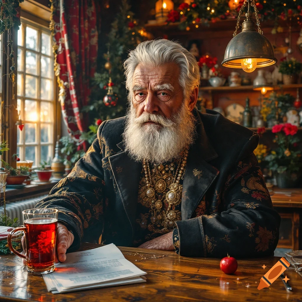 Older man with white beard and ornate coat sitting at a table with a drink and papers in a room decorated for Christmas.
