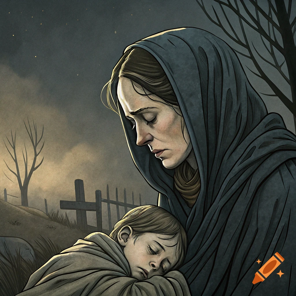 An illustration of a grieving woman holding a sleeping child in a somber, shadowy graveyard setting.