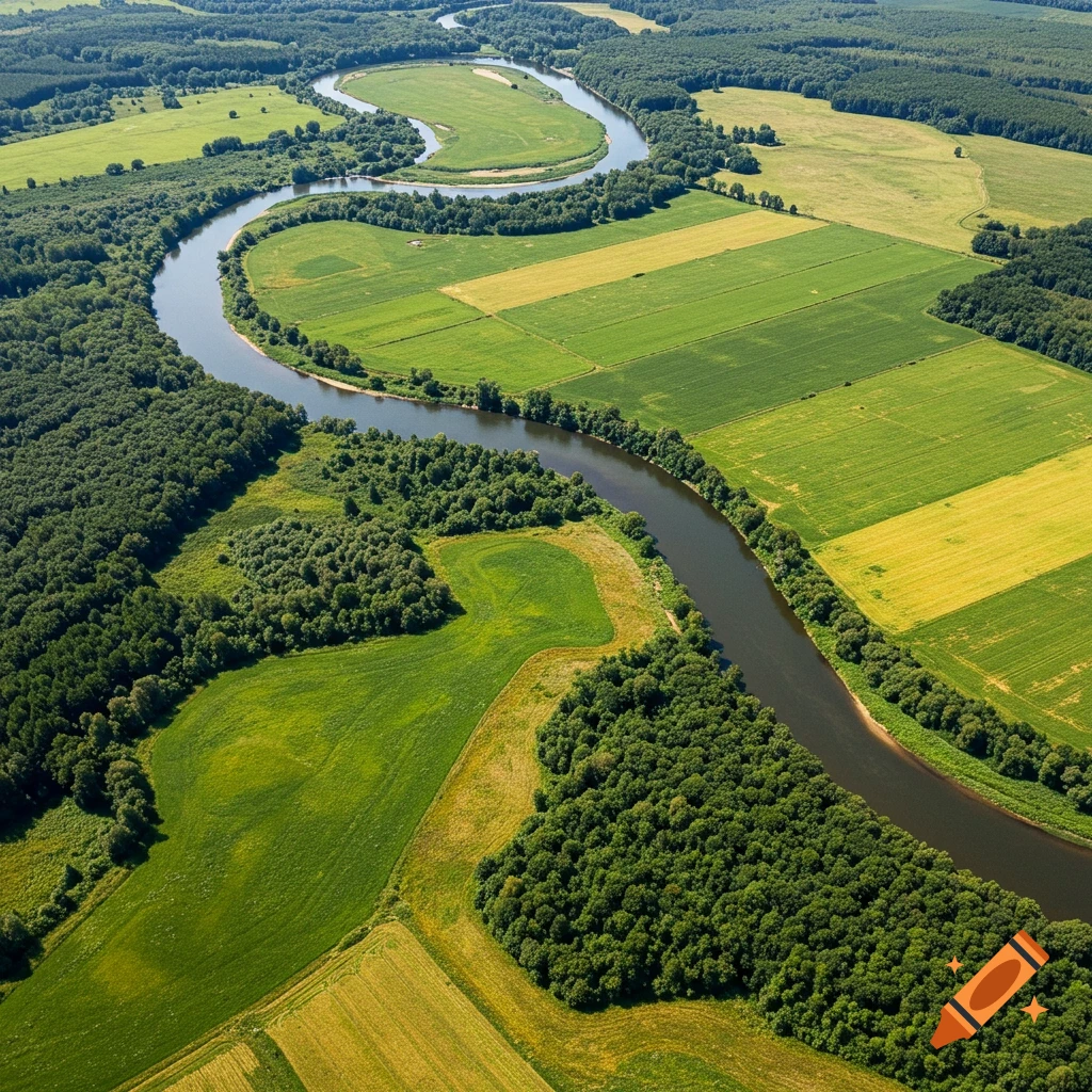 Aerial view of a winding river flowing through green and yellow fields and forests.
